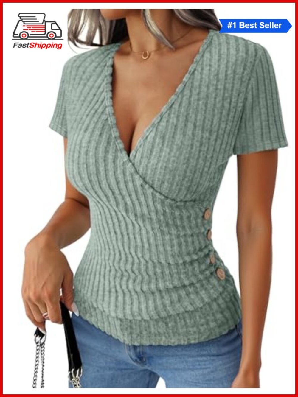 Women Ribbed Knit V-Neck Short Sleeve Slim Fit Top